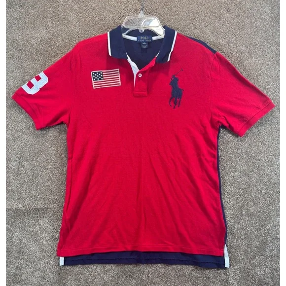 Polo Ralph Lauren Boys XL 18-20 Big Pony Red Navy Blue American Flag Polo Shirt - Picture 2 of 11